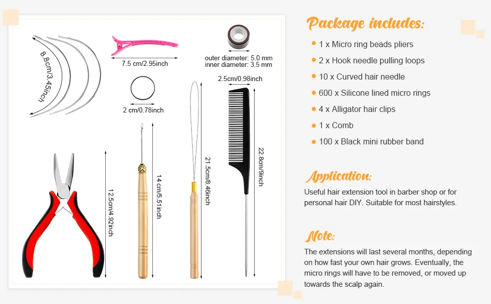 Hair Extension Tools Kit  600 Silicone Lined Micro Rings  Micro Ring Beads Pliers  2 Hook Needle Pulling Loop  10 Curved Hair Needle  4 Alligator Hair Clips  Comb and 100 Black Mini Rubber Bands - product information 2