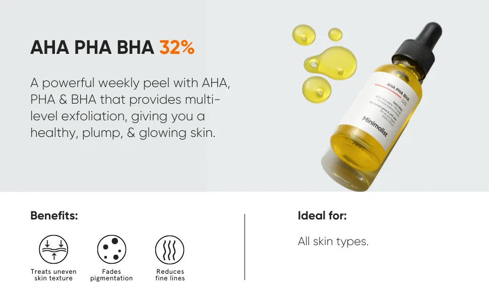 Minimalist AHA 25% + PHA 5% + BHA 2% Peeling Solution for Glowing Skin  Smooth Texture & Pore Cleansing | Weekend Facial Exfoliant or Peel | 30ml - AHA BHA PHA