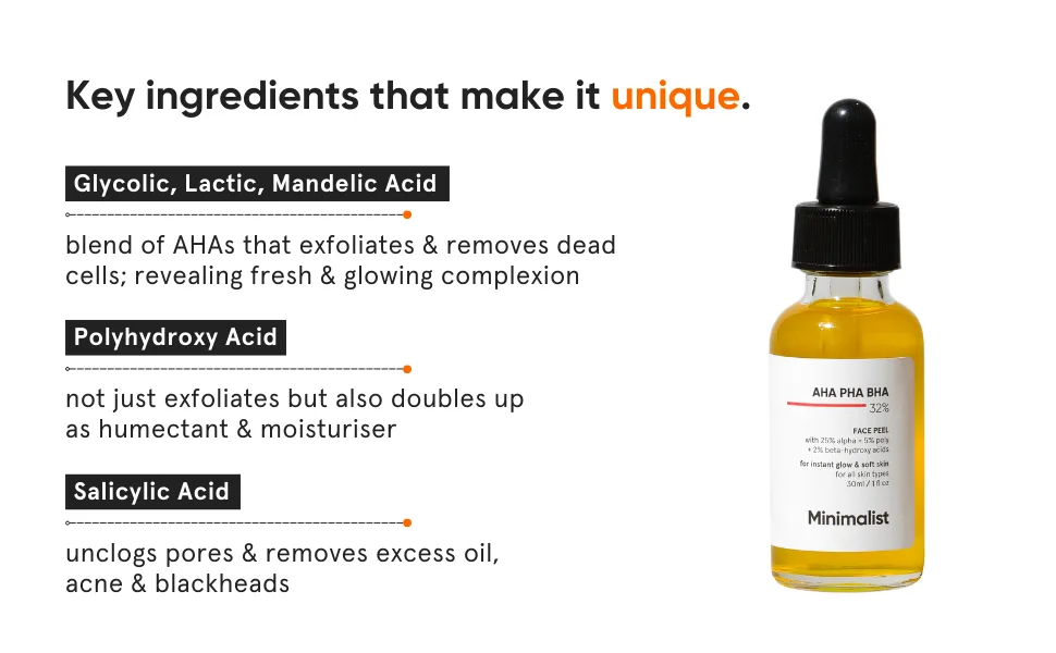 Minimalist AHA 25% + PHA 5% + BHA 2% Peeling Solution for Glowing Skin  Smooth Texture & Pore Cleansing | Weekend Facial Exfoliant or Peel | 30ml - AHA BHA PHA