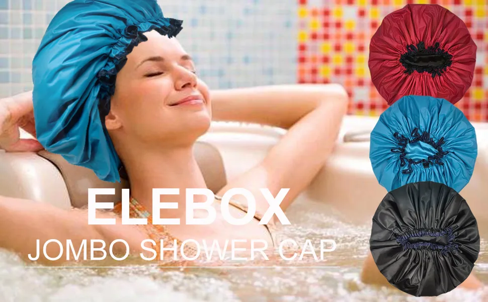ELEBOX Jumbo Shower Cap XL Double-Layer Satin Bonnet Sleep Cap for Braids Waterproof Bath Caps Reusable Shower Hat Black - Super Jumbo Shower Cap