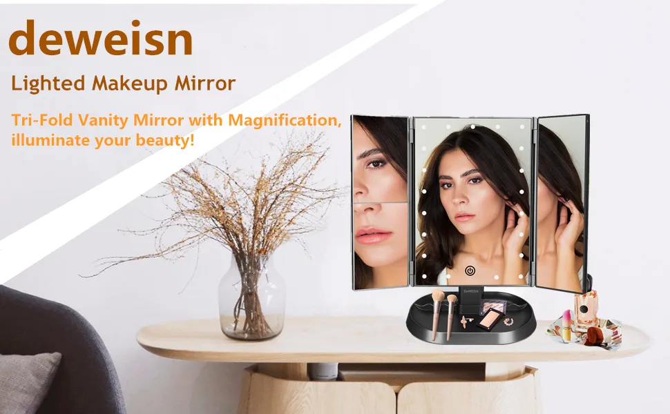 deweisn Trifold Lighted Vanity Makeup Mirror with 21 LEDs Lights 1x/2x/3x Magnification and Touch Screen Dimming Two Power Supplies Makeup Mirror  Gift for Women Black - product information 1