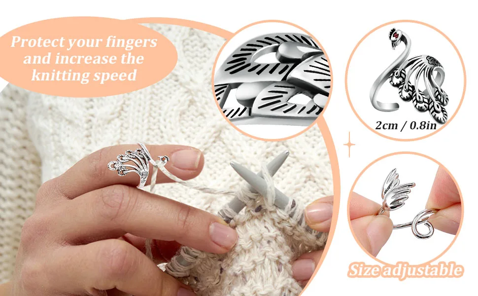 6 Pieces Adjustable Knitting Crochet Loop Ring Knitting Accessories Braided Knitting Ring Yarn Guide Finger Holder Open Finger Ring for Mother Grandma Thanksgiving Presents  3 Styles (Silver) - product information 2