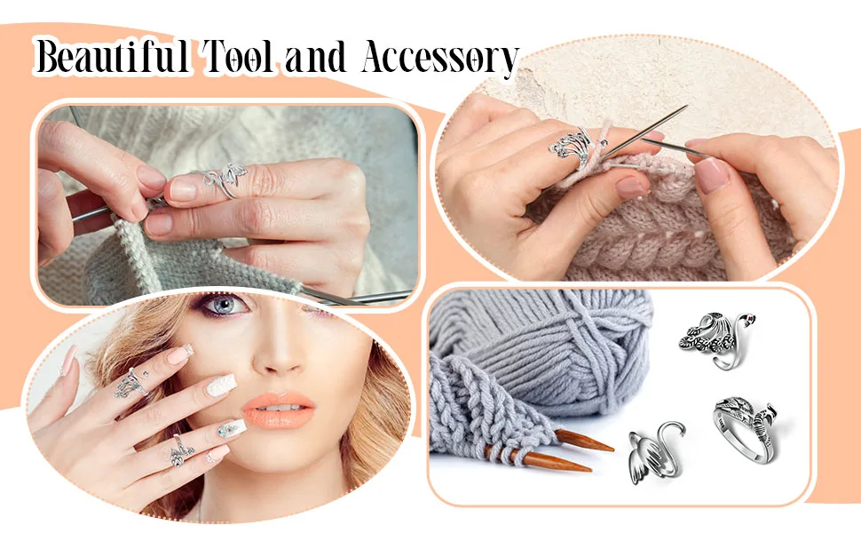 6 Pieces Adjustable Knitting Crochet Loop Ring Knitting Accessories Braided Knitting Ring Yarn Guide Finger Holder Open Finger Ring for Mother Grandma Thanksgiving Presents  3 Styles (Silver) - product information 4