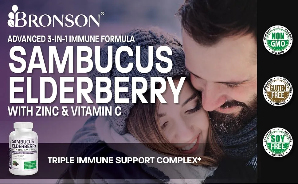 Bronson Sambucus Elderberry with Zinc & Vitamin C Triple Immune Support Complex Immune & Antioxidant Protection  Non-GMO  60 Vegetarian Capsules - immune support