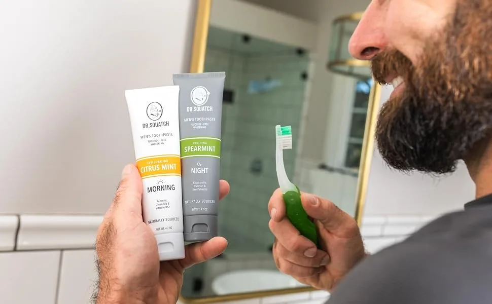 Dr. Squatch Teeth Whitening Toothpaste Kit - Day and Night Flouride Free Natural Toothpaste (1 Citrus Mint + 1 Sooth Spearmint Tooth Paste) 4.7 oz Tubes - day and night toothpaste