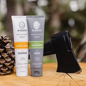 Dr. Squatch Teeth Whitening Toothpaste Kit - Day and Night Flouride Free Natural Toothpaste (1 Citrus Mint + 1 Sooth Spearmint Tooth Paste) 4.7 oz Tubes - morning and night toothpaste
