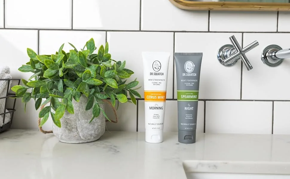 Dr. Squatch Teeth Whitening Toothpaste Kit - Day and Night Flouride Free Natural Toothpaste (1 Citrus Mint + 1 Sooth Spearmint Tooth Paste) 4.7 oz Tubes - morning and night toothpaste