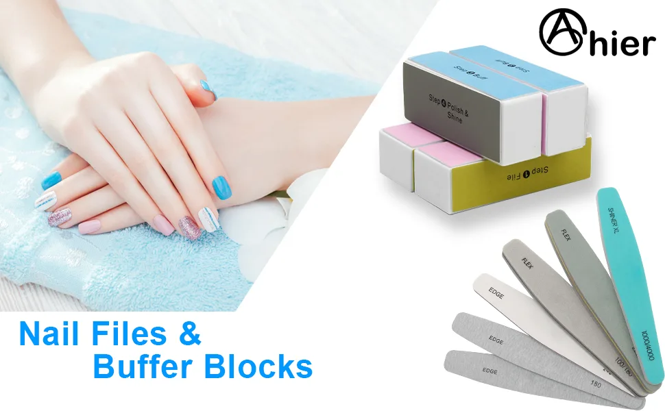 Nail Files and Buffer  Ahier Professional Manicure Tools Kit 6pcs Rectangular Art Care Buffer Block+4pcs Double-sided Nail File Block for Salon Nail Art (10 PCS) Ten Colors - nail files