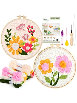 Pllieay 2 Set Punch Needle Embroidery Starter Kits Include Instructions  Punch Needle Fabric with Pattern  Yarns  Embroidery Hoops for Rug-Punch & Pinch Needle Flowers - product information 10