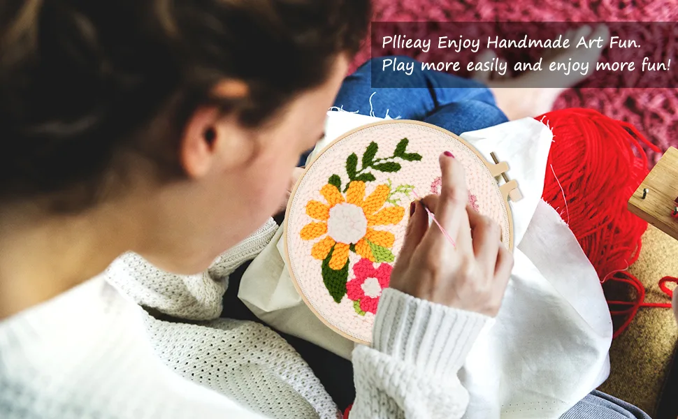 Pllieay 2 Set Punch Needle Embroidery Starter Kits Include Instructions  Punch Needle Fabric with Pattern  Yarns  Embroidery Hoops for Rug-Punch & Pinch Needle Flowers - product information 15