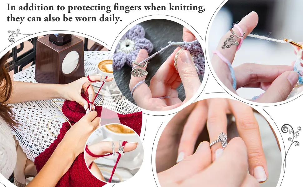 8 Pcs Knitting Loop Crochet Ring Adjustable Knitting Loop Ring Adjustable Braided Ring Metal Yarn Guide Finger Holder Peacock Open Finger Thimble Finger Crochet Ring Accessories for Crafts(Silver) - product information 3