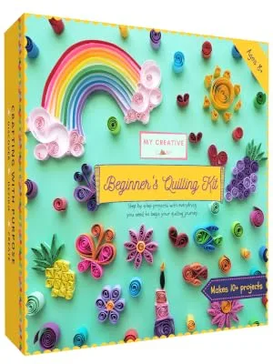 MY CREATIVE CAMP Beginner's Quilling Kit - DIY Craft Kit for Kids and Adults - 10 Projects with Instructions  Storage Box  Gem Stickers  Tools  Supplies  Paper Strips  Shape Chart  and Reference Guide - Front of Box