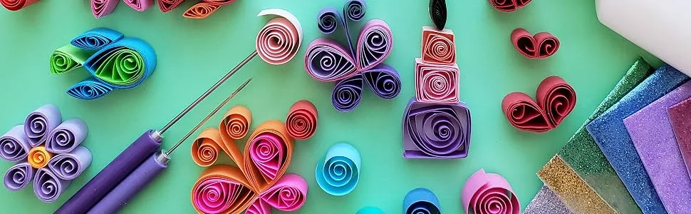 MY CREATIVE CAMP Beginner's Quilling Kit - DIY Craft Kit for Kids and Adults - 10 Projects with Instructions  Storage Box  Gem Stickers  Tools  Supplies  Paper Strips  Shape Chart  and Reference Guide - Quilling Background