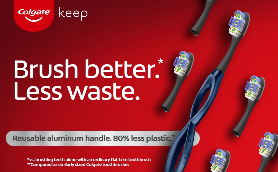 Colgate Keep Soft Manual Toothbrush for Adults with 2 Deep Clean Floss-Tip Brush Heads  Navy Starter Kit (Navy) Starter Kit - Deep Whitening Blue