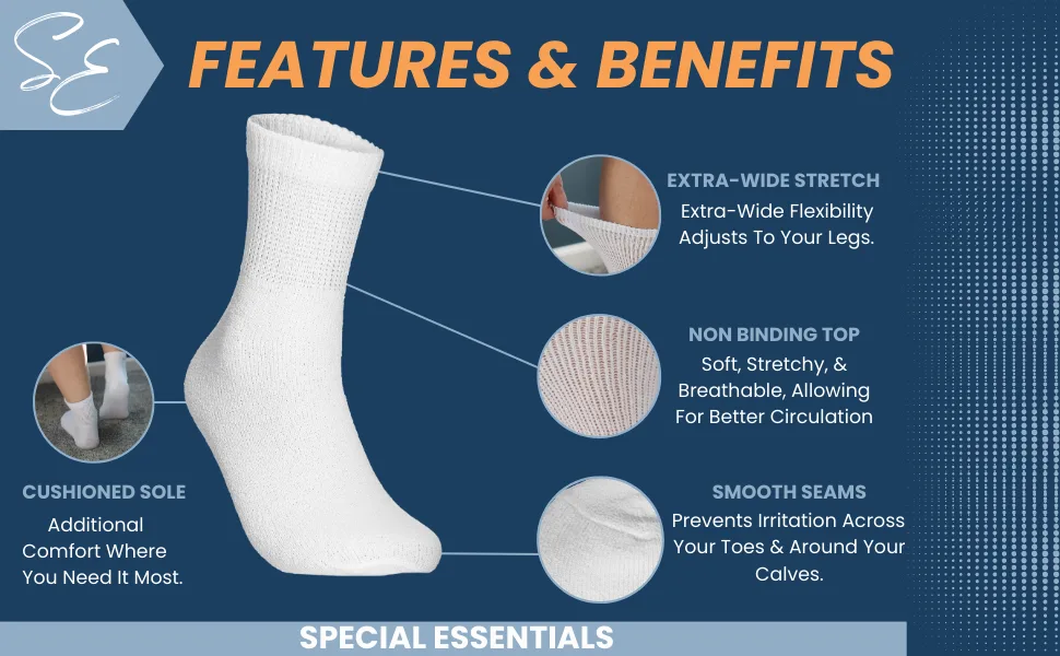 Special Essentials 6 Pairs Cotton Diabetic Ankle Socks - Non-Binding With Extra Wide Top For Men and Women X-Large Black - features and benefits