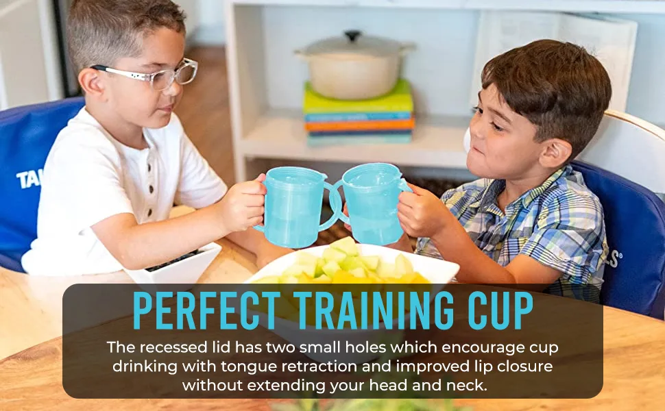TalkTools Recessed Plastic Lid Cup with Handles | Break Resistant | Self-feeding - BPA Free - 2 Lids - Light Blue - talk tools