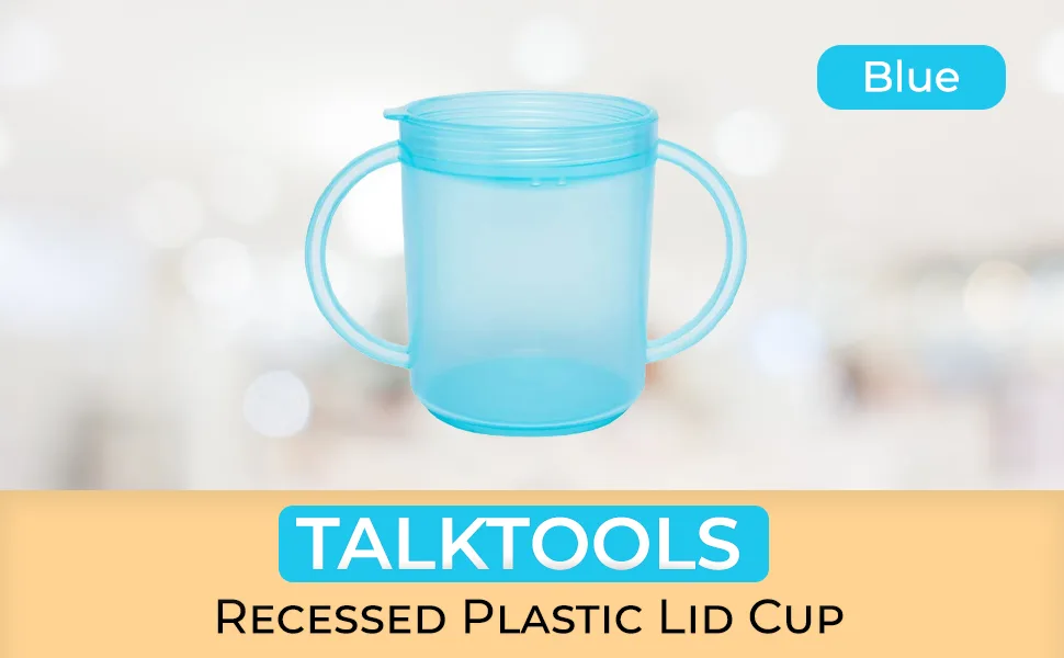 TalkTools Recessed Plastic Lid Cup with Handles | Break Resistant | Self-feeding - BPA Free - 2 Lids - Light Blue - talktools