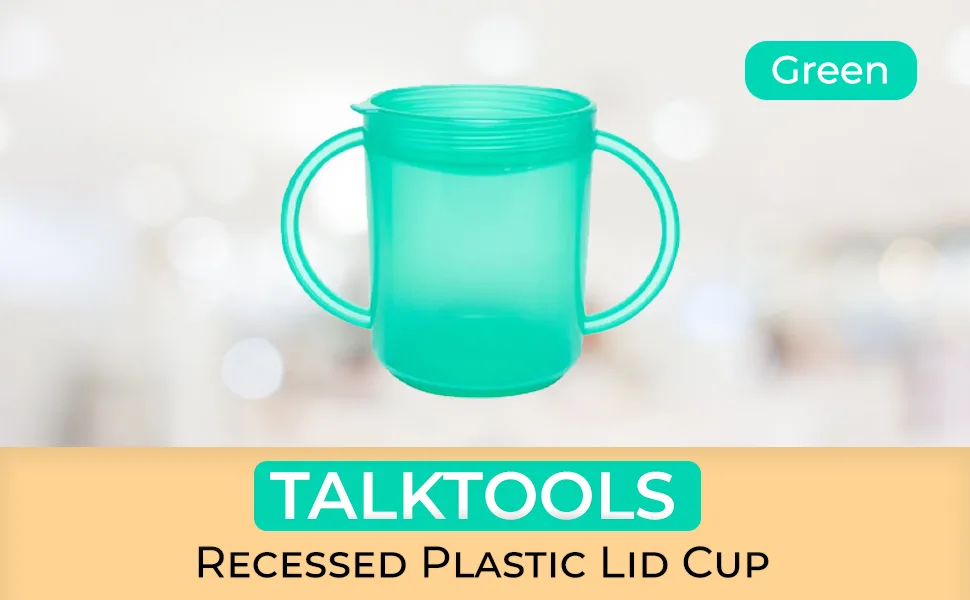 TalkTools Recessed Lid Cup with Handles - 2 Lids - Green | Therapy Cups | Helps Improve Lip Closure and Tongue Retraction | Alternative to Sippy Cup - talktools
