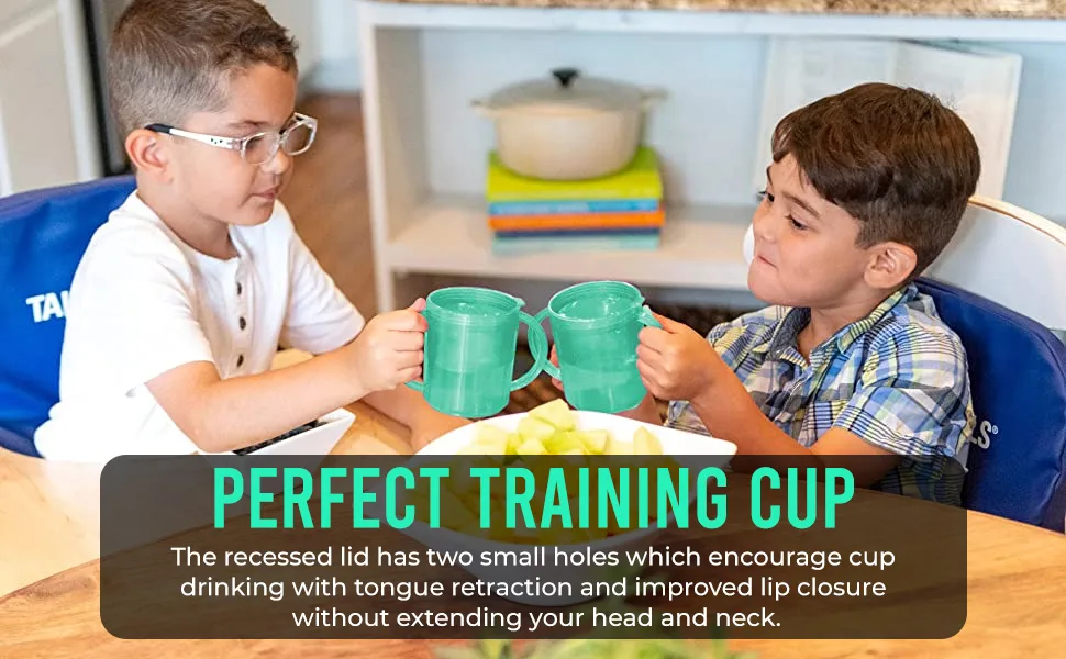 TalkTools Recessed Lid Cup with Handles - 2 Lids - Green | Therapy Cups | Helps Improve Lip Closure and Tongue Retraction | Alternative to Sippy Cup - talktools