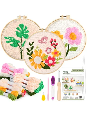 Pllieay 3 Set Punch Needle Embroidery Starter Kits Include Instruction  Punch Needle Fabric with Pattern  Yarns  Embroidery Hoops for Rug-Punch & Pinch Needle - product information 10