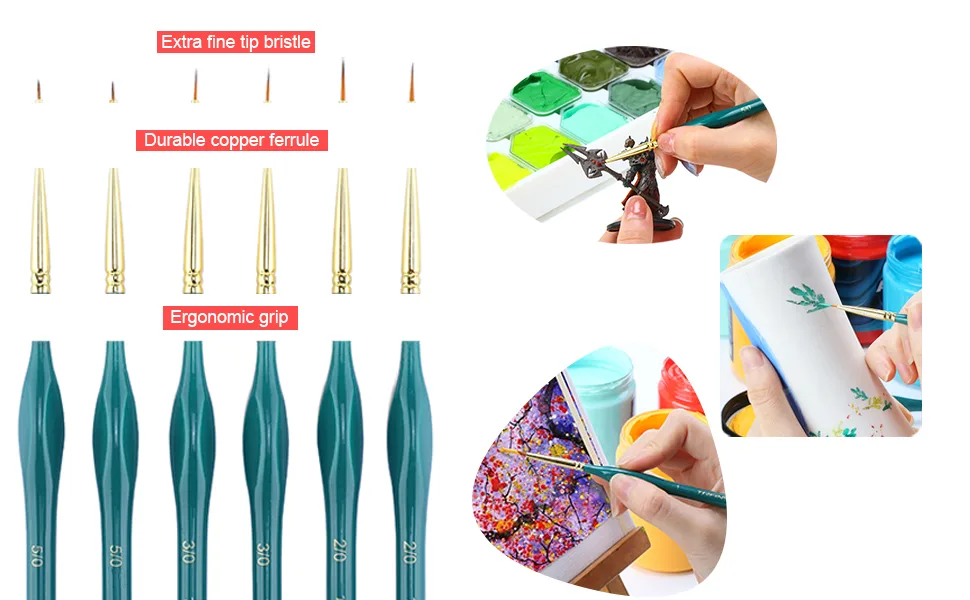 Transon Detail Thin Paint Brush Set 6pcs for Model Minature Craft and Art Painting  Nylon  Green 6 PCS - versatile detail brush