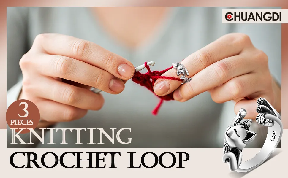 3 Pieces Adjustable Knitting Loop Rings Woven Rings Open Finger Holder Crochet Knitting Loop Accessories Cute Cat Shape Yarn Guide Holder for Hand Weaving Hook Line Supplies - product information 1