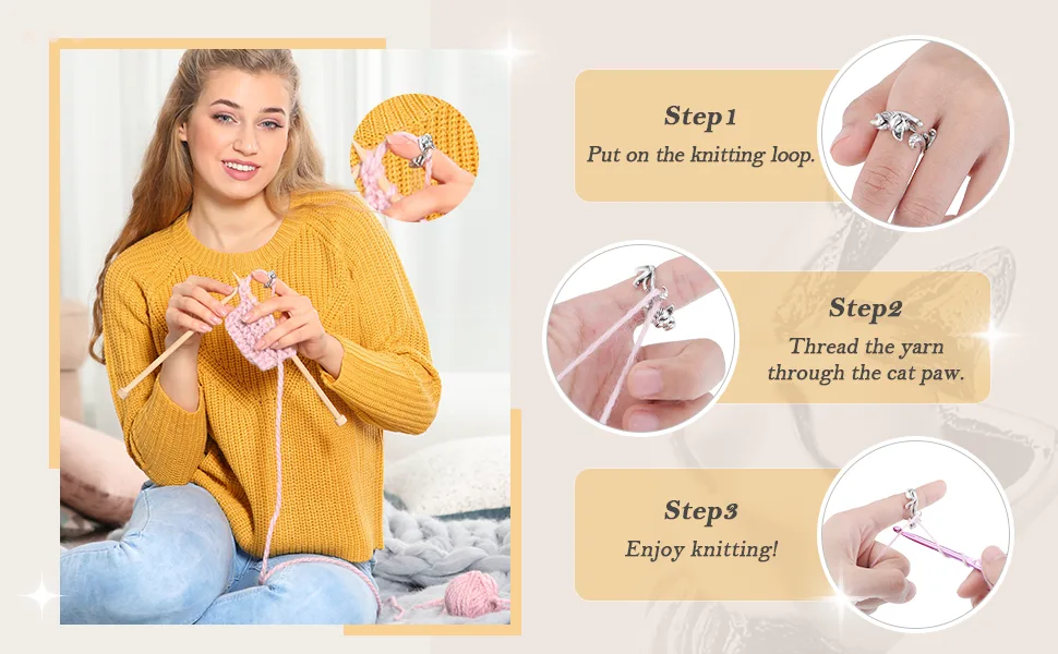 3 Pieces Adjustable Knitting Loop Rings Woven Rings Open Finger Holder Crochet Knitting Loop Accessories Cute Cat Shape Yarn Guide Holder for Hand Weaving Hook Line Supplies - product information 4