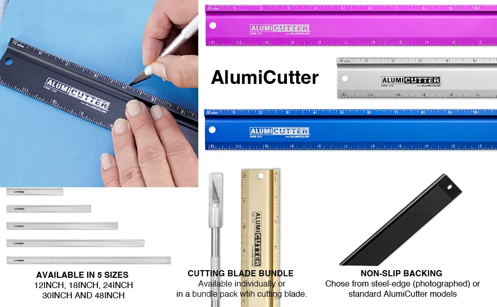 Alumicolor AlumiCutter Aluminum Straight Edge w/Inch and Metric Calibrations for Office  School  Engineering and Framing  30IN  Silver - AlumiCutter Hero