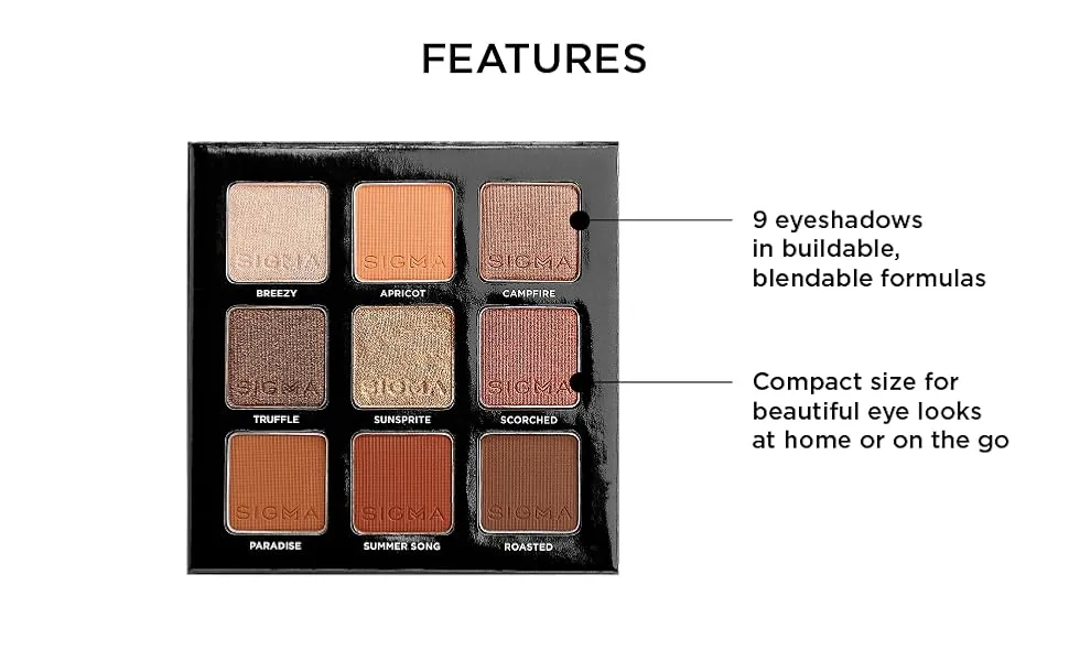 Sigma Beauty Rosy Eyeshadow Palette - features, 9 eyeshadows in buildable blendable formulas, compact size for beautiful