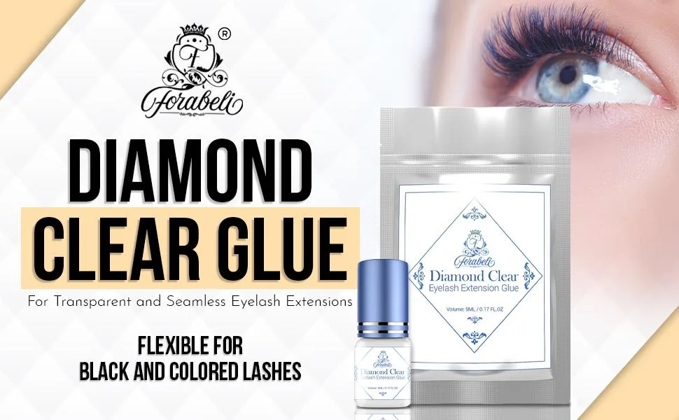 Diamond Clear Eyelash Extension Glue - Forabeli 5ml Crystal Clear Strong Lash Adhesive for Professional Use | Semi Permanent Classic and Volume Eyelash Extensions | 2-3 sec Drying | 6 Week Retention - Forabeli Diamond Clear eyelash extensions glue for seamless application.