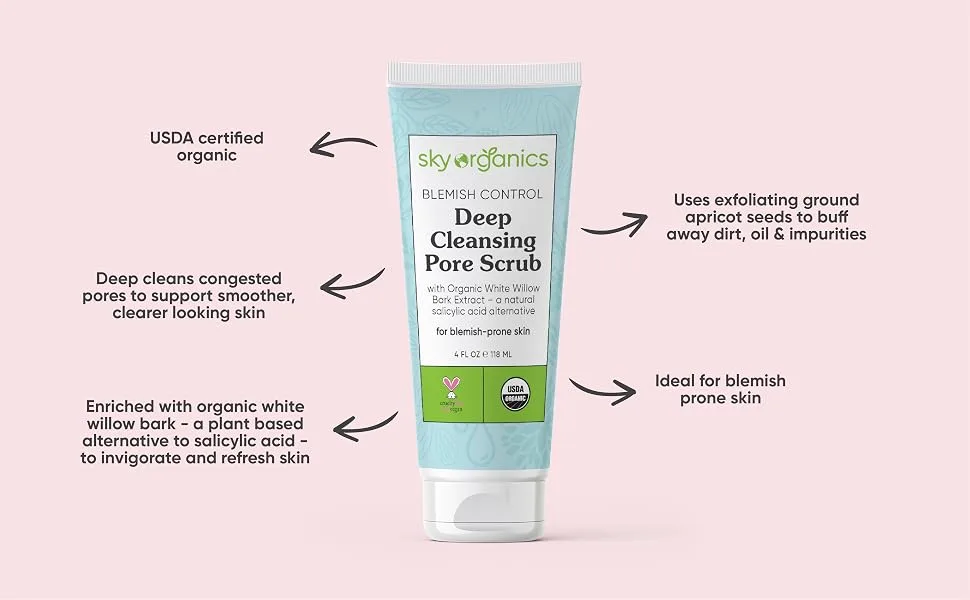 Sky Organics Blemish Control Deep Cleansing Pore Scrub for Face USDA Certified Organic to Cleanse  Purify & Refresh  4 fl. Oz - BCSCRUB