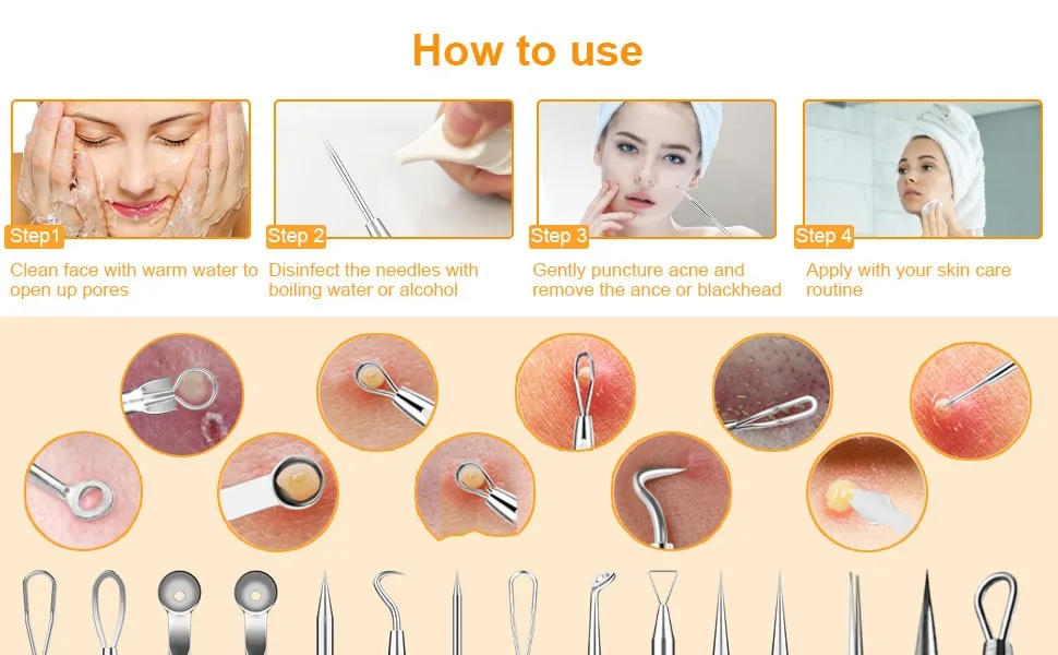 9PCS blackhead acne removal kit acne removal tool  facial skin acne removal tool  with free double-headed eyebrow brush - how to use