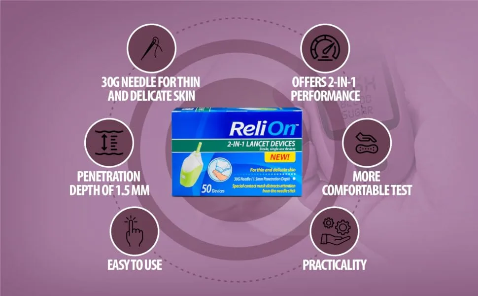 ReliOn 30 Gauge 2-in-1 Lancing Device  50 Ct Bundle with Exclusive Look After Your Diabetes - Better Idea Guide (2 Items) - Ads 4