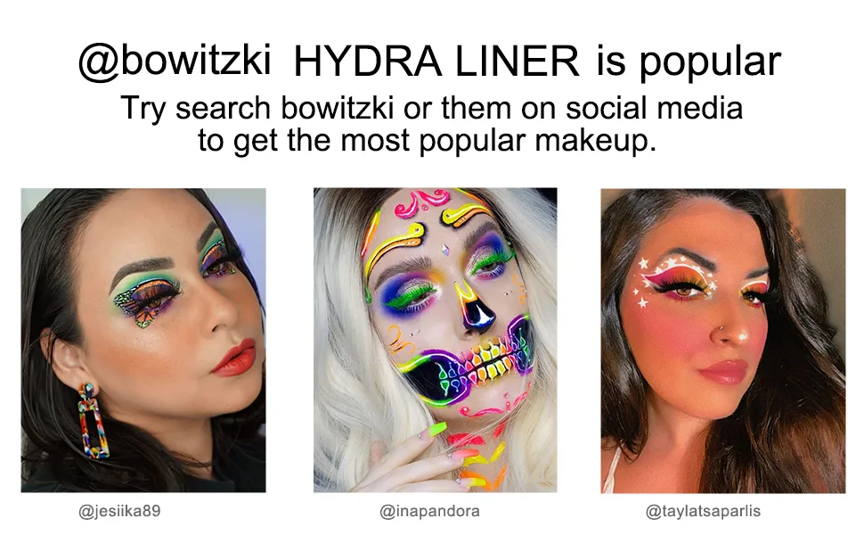 Bowitzki 9 Colors Water Activated Eyeliner Retro Hydra Liner Makeup Graphic Eyeliner UV Glow Fluorescent Color Face and Body Paint - social media