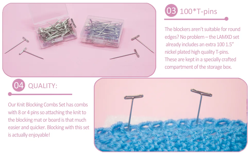 LAMXD Knit Blocking Pins Kit Knit Blocking Combs   Set of 25 Combs for Blocking Knitting  Crochet  Lace or Needlework Projects   Extra 100 T-pins   for use with Blocking Mats for Knitting Mat  - product information 6