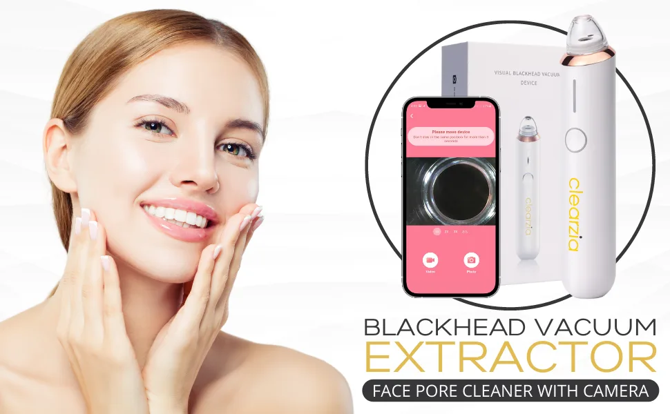 CLEARZIA Blackhead Remover Vacuum with Camera - Face Pore Cleaner Blackhead Vacuum Kit  Whitehead Comedone Extractor Tool with 5 Suction Power for Men and Women - face pore cleaner blackhead remover vacuum extractor with camera rechargeable interchangeable tips