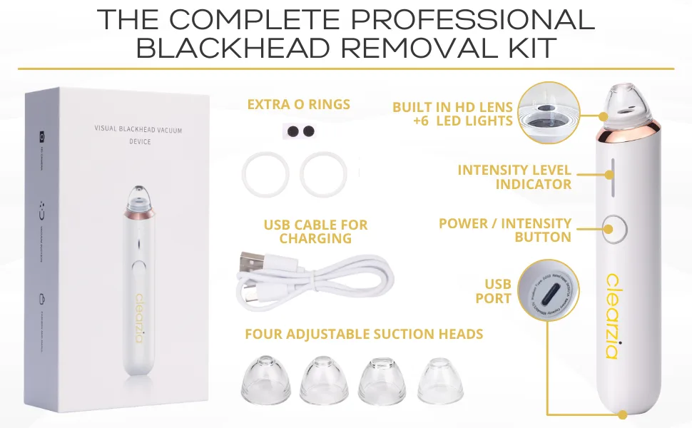 CLEARZIA Blackhead Remover Vacuum with Camera - Face Pore Cleaner Blackhead Vacuum Kit  Whitehead Comedone Extractor Tool with 5 Suction Power for Men and Women - face pore cleaner blackhead remover vacuum extractor with camera rechargeable interchangeable tips