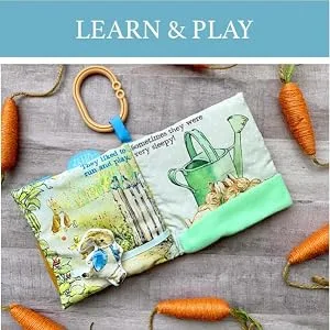 KIDS PREFERRED Peter Rabbit Soft Book with toy  Teether and Crinkle  5 Inches - learn & play, softbook laying open on floor