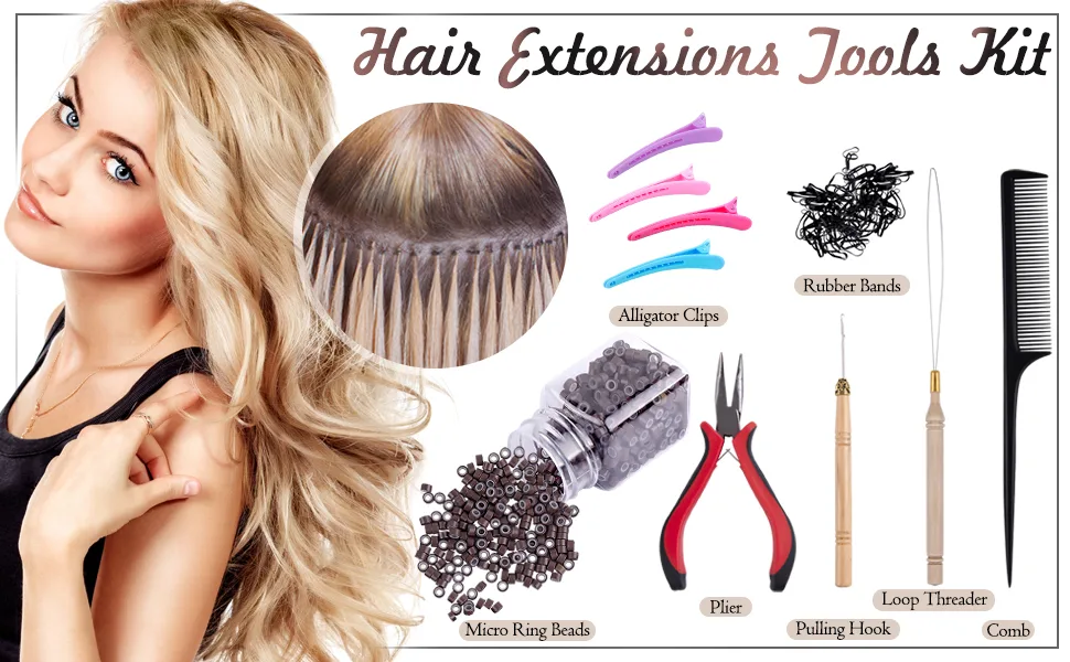 Duufin Hair Extensions Kit 500 Pcs Brown Micro Ring Beads 1 Micro Beads Plier 2 Hook Needle Pulling Loop 4 Plastic Alligator Hair Clips 1 Comb and 2 Bags Black Mini Rubber Hair Elastic - Hair extension tools kit