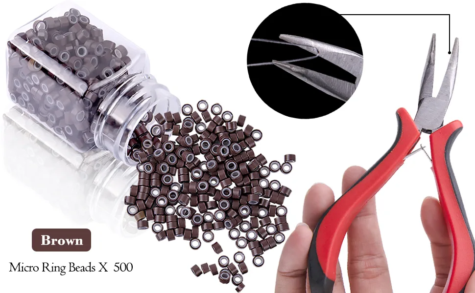 Duufin Hair Extensions Kit 500 Pcs Brown Micro Ring Beads 1 Micro Beads Plier 2 Hook Needle Pulling Loop 4 Plastic Alligator Hair Clips 1 Comb and 2 Bags Black Mini Rubber Hair Elastic - Metal plier designed with curved head and with plastic handle, a great helper for hair extension