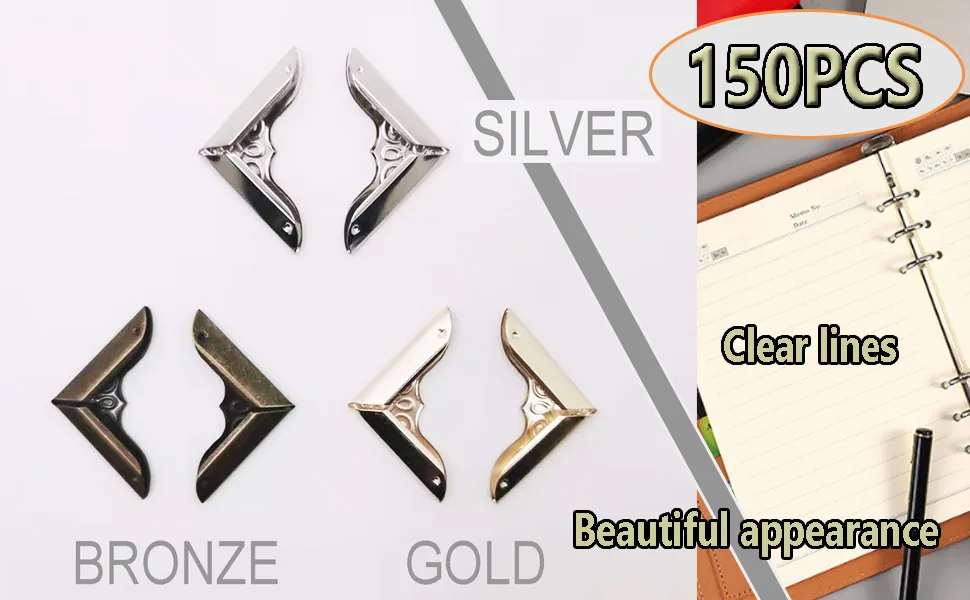 Book Corner Protector Metal Corner Cover for Scrapbook Album Menu Folder Include 50PCS Gold  50PCS Silver and 50PCS Bronze (150PCS) - product information 8