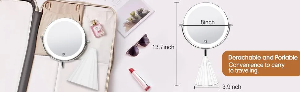 Lighted Makeup Vanity Mirror with Magnification  Rechargeable 10X Magnifying Makeup Mirror with 3 Color Lighting  8 inch Double Sided Light Up Mirror  Touch Screen 360  Rotation Desk Cosmetic Mirror - Makeup mirror with lights