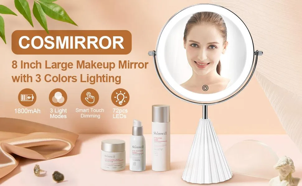 Lighted Makeup Vanity Mirror with Magnification  Rechargeable 10X Magnifying Makeup Mirror with 3 Color Lighting  8 inch Double Sided Light Up Mirror  Touch Screen 360  Rotation Desk Cosmetic Mirror - Rechargeable Makeup Mirror with 3 Color Lighting and 10X Magnifying Mirror
