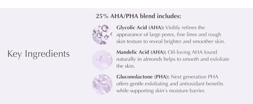 EXUVIANCE Performance Peel AP25 At-Home Chemical Peel with Glycolic  Mandelic and Polyhydroxy Acids  13 ct. - Key ingredients