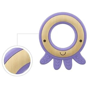 Nuby Natural Wood & Silicone Teether: Octopus  3M+  Purple (80804) - octopus