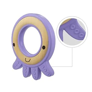 Nuby Natural Wood & Silicone Teether: Octopus  3M+  Purple (80804) - octopus teething surface
