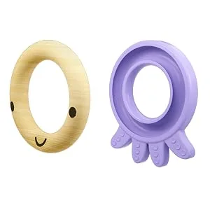 Nuby Natural Wood & Silicone Teether: Octopus  3M+  Purple (80804) - to clean