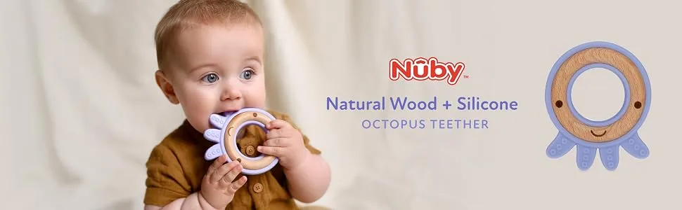 Nuby Natural Wood & Silicone Teether: Octopus  3M+  Purple (80804) - Wood Silicone Octopus Teether