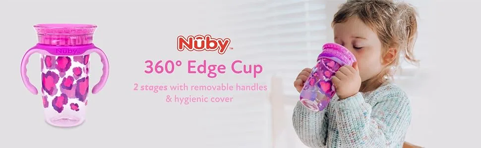 Nuby 360 Edge 2 Stage Drinking Rim Cup with Removable Handles & hygienic Cover: 10 Oz/ 300 Ml  12M+  Camo  Blue (80807) - edge 360