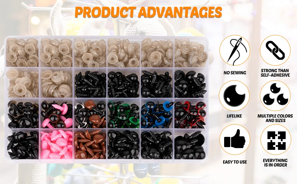 600pcs Plastic Colored Safety Eyes and Noses for Amigurumi  6mm 14mm colors - features